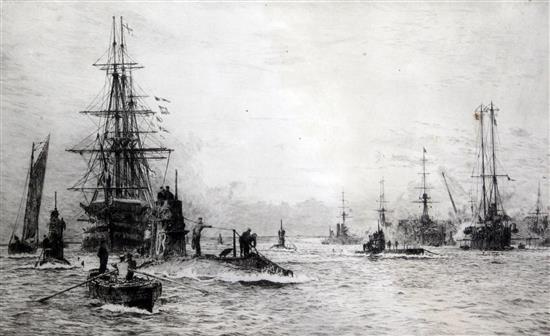 William Lionel Wyllie (1851-1931) HMS Victory and submarines in Portsmouth Harbour, 8.75 x 14.75in.
